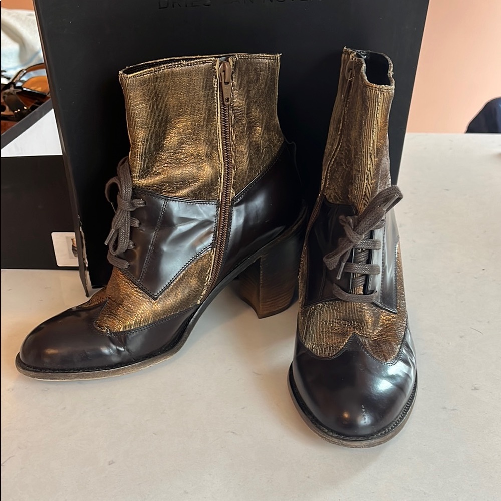 Dries Van Noten Brown and Gold Leather Boots - Picture 5 of 9
